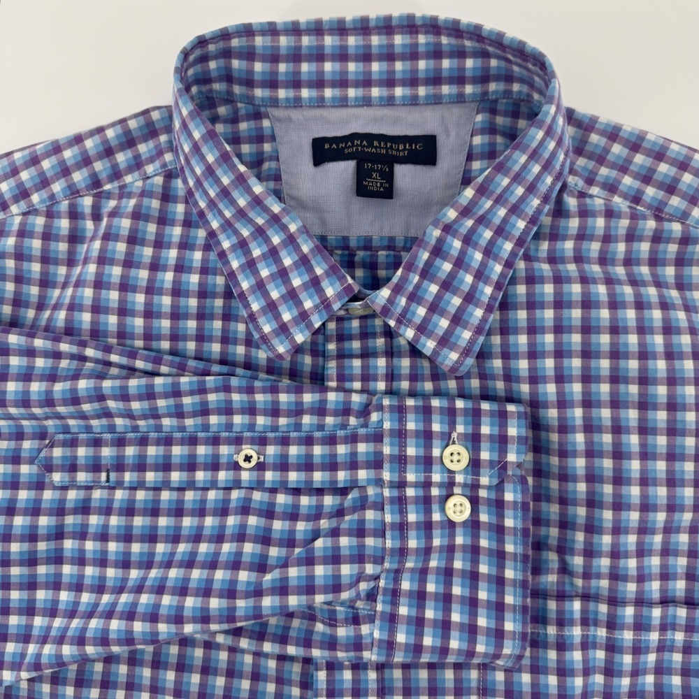 Banana Republic Mens XL Soft Wash Shirt Purple Blue Gingham Check‎ Plaid